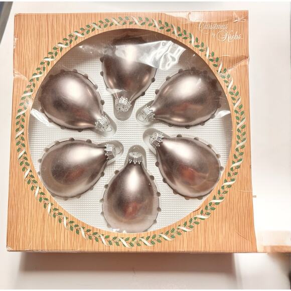 Krebs Pearl Frosted Teardrop Glass Ornaments Crown Top Set 6 Silver Vtg Unique! - Picture 1 of 6